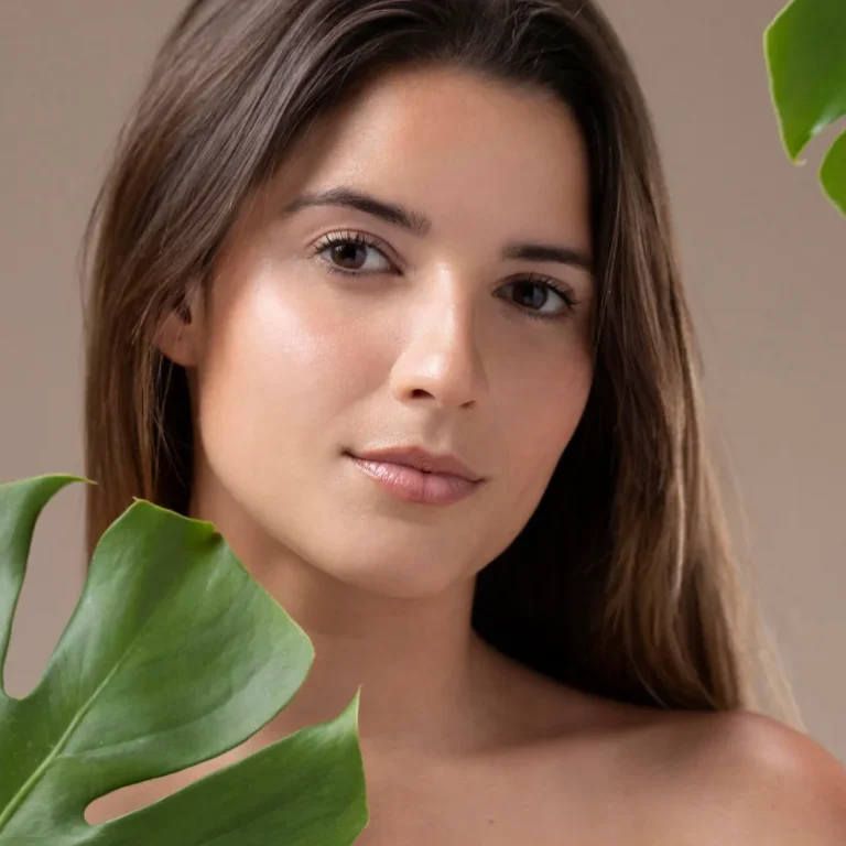 Woman with tropical leaves background